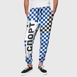Брюки на резинке мужские Спорт - бело-сине-чёрный клетчатый вариант, цвет: 3D-принт — фото 2