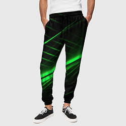 Брюки на резинке мужские Зеленые полосы на черном фоне, цвет: 3D-принт — фото 2