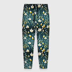 Брюки на резинке мужские Цветочки на зеленом поле паттерн, цвет: 3D-принт