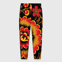 Мужские брюки Хохломская роспись красно-жёлтые цветы на чёрном ф