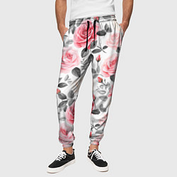 Брюки на резинке мужские Розовые розы и серые листочки - паттерн, цвет: 3D-принт — фото 2