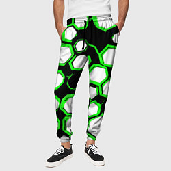 Брюки на резинке мужские Бело-зелёные шестиугольники на чёрном фоне, цвет: 3D-принт — фото 2