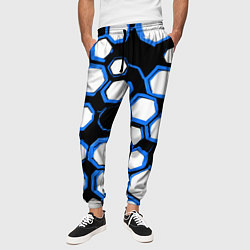 Брюки на резинке мужские Бело-синие шестиугольники на чёрном фоне, цвет: 3D-принт — фото 2