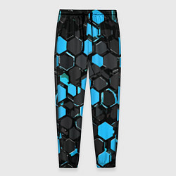 Брюки на резинке мужские Сине-серые шестиугольники на чёрном фоне, цвет: 3D-принт