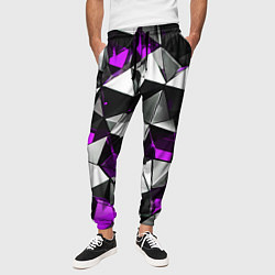 Брюки на резинке мужские Фиолетово-белые рельефные треугольники на чёрном ф, цвет: 3D-принт — фото 2