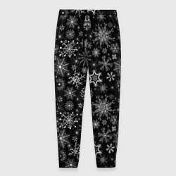 Брюки на резинке мужские Белые снежинки на черном, цвет: 3D-принт