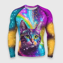 Мужской рашгард Полосатый кот с разноцветной звездной туманностью