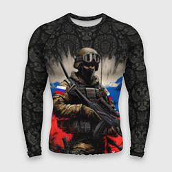 Рашгард мужской Солдат русский на фоне флага, цвет: 3D-принт