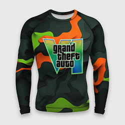 Рашгард мужской Gta лого зелено-оранжевый камуфляж, цвет: 3D-принт