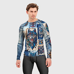 Рашгард мужской Волк на джинсах пэчворк, цвет: 3D-принт — фото 2