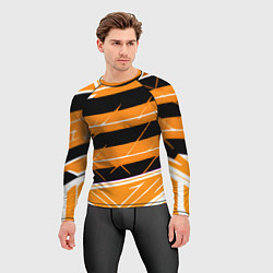 Рашгард мужской Чёрно-белые полосы на оранжевом фоне, цвет: 3D-принт — фото 2