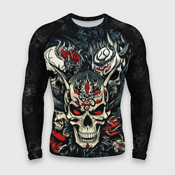 Мужской рашгард Маска Хання на черепе самурая на фоне духов