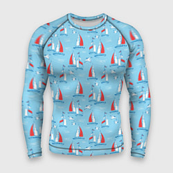 Рашгард мужской Морской паттерн с парусными лодками и чайками, цвет: 3D-принт