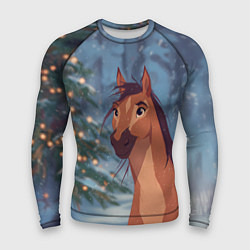 Мужской рашгард Лошадь на фоне новогодней елки