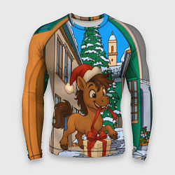 Рашгард мужской Лошадка распаковывает новогодний подарок, цвет: 3D-принт