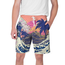 Шорты на шнурке мужские Ретро дизайн большие волны, пальмы и абстрактные г, цвет: 3D-принт