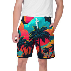 Шорты на шнурке мужские Неоновые пальмы на закате, цвет: 3D-принт