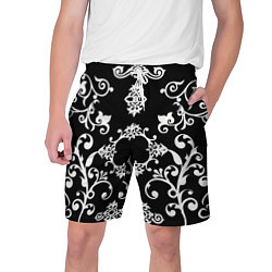 Шорты на шнурке мужские Белый семетричный узор на черном фоне, цвет: 3D-принт