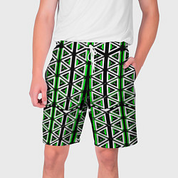 Шорты на шнурке мужские Бело-зелёные треугольники на чёрном фоне, цвет: 3D-принт
