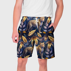 Шорты на шнурке мужские Леопард с золотыми листьями паттерны, цвет: 3D-принт