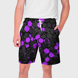 Шорты на шнурке мужские Фиолетово-серые шестиугольники на чёрном фоне, цвет: 3D-принт