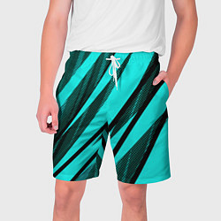 Шорты на шнурке мужские Неоновый голубой с чёрным абстракция с полосами, цвет: 3D-принт