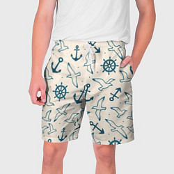 Шорты на шнурке мужские Морской паттерн из штурвалов, чаек и якорей, цвет: 3D-принт