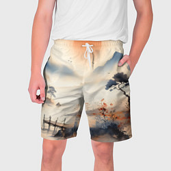 Шорты на шнурке мужские Таинственный Японский пейзаж - акварель, цвет: 3D-принт