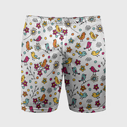 Мужские спортивные шорты Птицы и цветы Разноцветный узор в дудл стиле