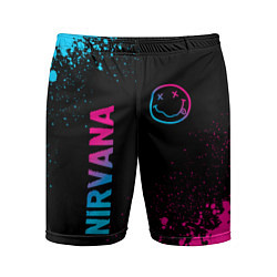 Мужские спортивные шорты Nirvana - neon gradient: символ и надпись вертикал