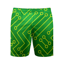 Мужские спортивные шорты Технический зелёный паттерн с жёлтыми лучами