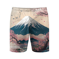 Мужские спортивные шорты Японский пейзаж: цветение сакуры у горы Фудзияма
