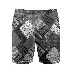 Шорты спортивные мужские Черно белый лоскутный узор, цвет: 3D-принт
