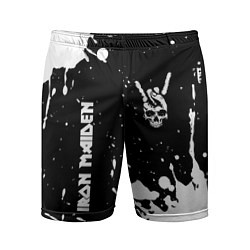 Шорты спортивные мужские Iron Maiden и рок символ на темном фоне, цвет: 3D-принт
