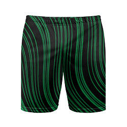 Мужские спортивные шорты Абстракция зелёные линии на чёрном