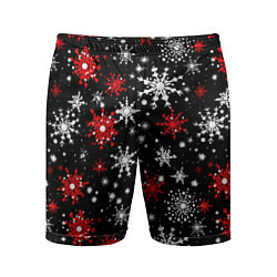 Шорты спортивные мужские Белые и красные снежинки на черном фоне - нейросет, цвет: 3D-принт