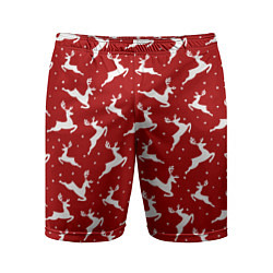 Шорты спортивные мужские Красный паттерн с новогодними оленями, цвет: 3D-принт