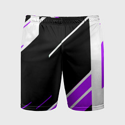 Шорты спортивные мужские Бело-фиолетовые полосы на чёрном фоне, цвет: 3D-принт