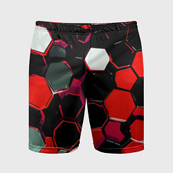 Мужские спортивные шорты Красно-белые шестиугольники на чёрном фоне