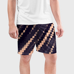 Шорты спортивные мужские Фиолетовый с бежевым искажённые полосы, цвет: 3D-принт — фото 2