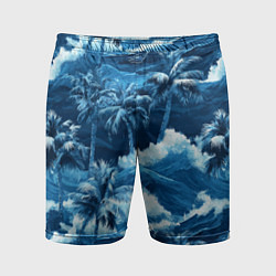 Мужские спортивные шорты Пальмы и волны - голубые оттенки паттерн