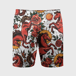 Шорты спортивные мужские Красный конь в стиле татуировки, цвет: 3D-принт
