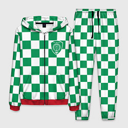 Мужской костюм ФК Ахмат на фоне бело зеленой формы в квадрат