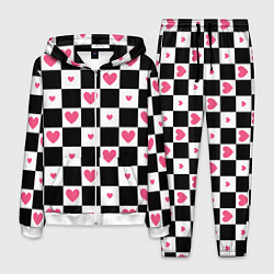 Мужской костюм Розовые сердечки на фоне шахматной черно-белой дос