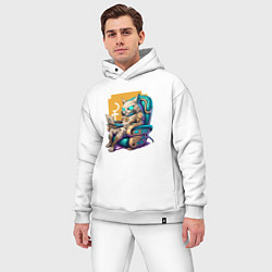 Мужской костюм оверсайз Кот геймер в кресле, цвет: белый — фото 2