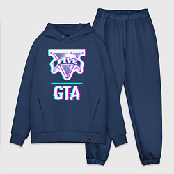 Мужской костюм оверсайз GTA в стиле glitch и баги графики, цвет: тёмно-синий