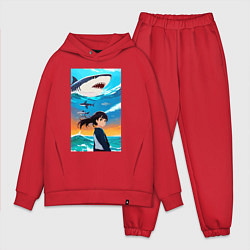Мужской костюм оверсайз Маленькая девочка и белая акула, цвет: красный