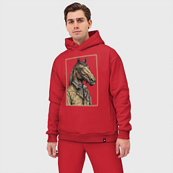 Мужской костюм оверсайз Конь в бежевом пальто, цвет: красный — фото 2