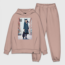 Мужской костюм оверсайз Девочка с кошкой в городе - нейросеть, цвет: пыльно-розовый