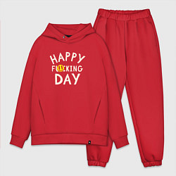 Мужской костюм оверсайз Happy f**king day - надпись и смайл, цвет: красный